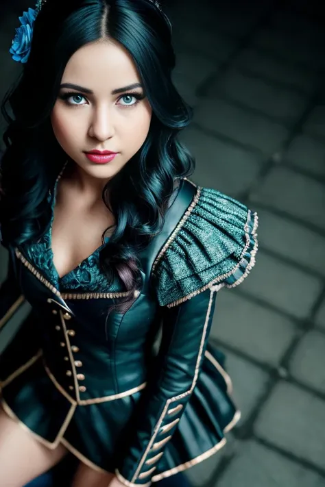 ((portrait)), (((full body))), 1girl in a black and ((blue)) cosplay outfit, pink lipstick on ((lips)), cinematic, (high detailed skin:1.2), natural skin texture, ((high angle POV_1.4)), 24mm, 4k textures, soft cinematic light, adobe lightroom, photolab, hdr, intricate, elegant, highly detailed, sharp focus, ((((cinematic look)))), soothing tones, insane details, intricate details, hyperdetailed, low contrast, soft cinematic light, dim colors, exposure blend, hdr, faded, slate atmosphere