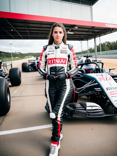 RAW photo, 1girl, a (portrait:1.2) of full body a cute woman as a F1 racer in suit at the pit stop, (high detailed skin:1.2), 8k uhd, dslr, soft lighting, high quality, film grain, Fujifilm XT3