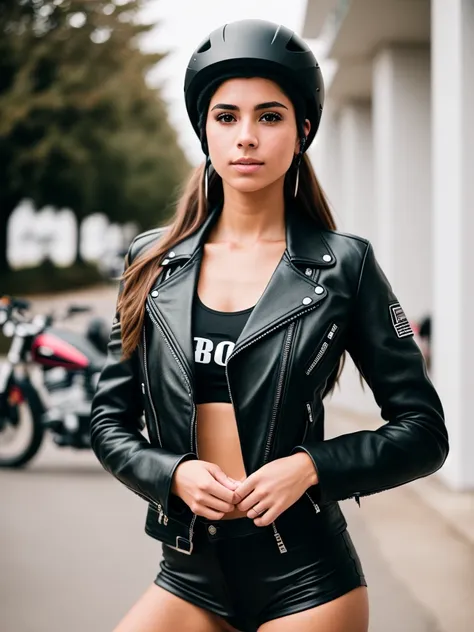 RAW photo, 1girl, a (portrait:1.2) of full body a cute woman as a biker on the bike club headquarter, (high detailed skin:1.2), 8k uhd, dslr, soft lighting, high quality, film grain, Fujifilm XT3