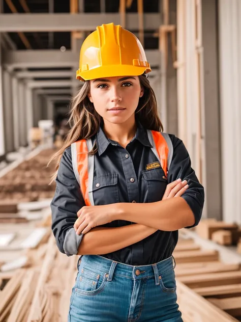 RAW photo, 1girl, a (portrait:1.2) of full body a cute woman as a construction worker, (high detailed skin:1.2), 8k uhd, dslr, soft lighting, high quality, film grain, Fujifilm XT3