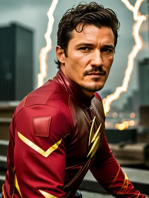 RAW photo, a portrait photo of brutal 45 y.o Pedro Pascal as the flash, lighting around his body, posing, hero, background city in ruins, (high detailed skin:1.2), 8k uhd, dslr, soft lighting, high quality, film grain, Fujifilm XT3