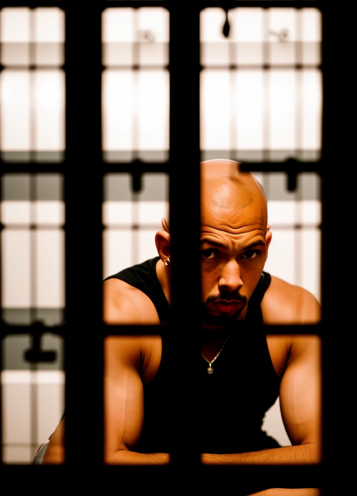 RAW photo, 1man, photo of andtat, (prison), scrawny, thin, unhealthy,(cring:1.2), intricate, (bald:1.1),elegant, (in a prison cell), high quality, film grain, Fujifilm XT3