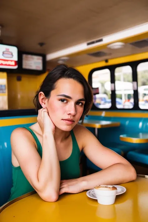 masterpiece, best quality, highres, detailed, analog style, uhd 8k, dslr, fujifilm xt3, vibrant, candid, dramatic, skin texture, film grain, natural light, (sitting in american diner)