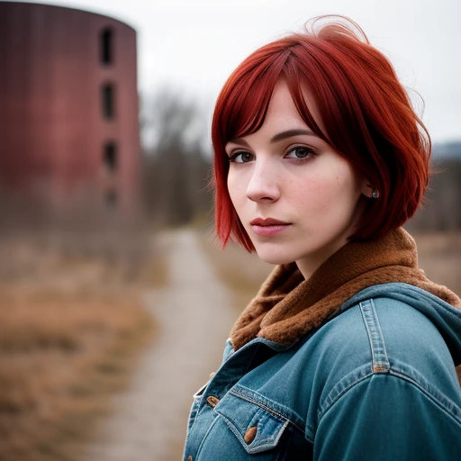 beautiful   woman in casual clothes, winter landscape,  RAW photo, a close up portrait photo of 30 y.o woman in wastelander clothes, redhair, short haircut, pale skin, slim body, background is city ruins, (high detailed skin:1.2), 8k uhd, dslr, soft lighting, high quality, film grain, Fujifilm XT3