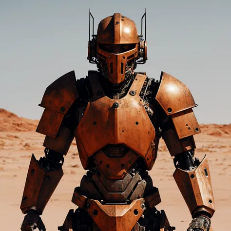 a mechanical cyborg warrior, partially rusted armor, scorching heat, desert,