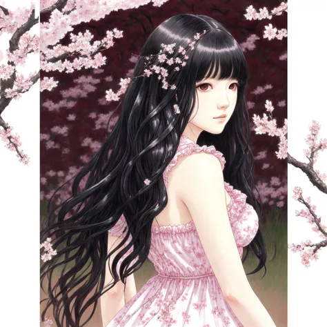 masterpiece, best quality, highly detailed, a woman with long black hair standing among cherry trees, red eyes, looking at viewer, wavy hair, white sundress, cherry blossoms, night, Ayami Kojima