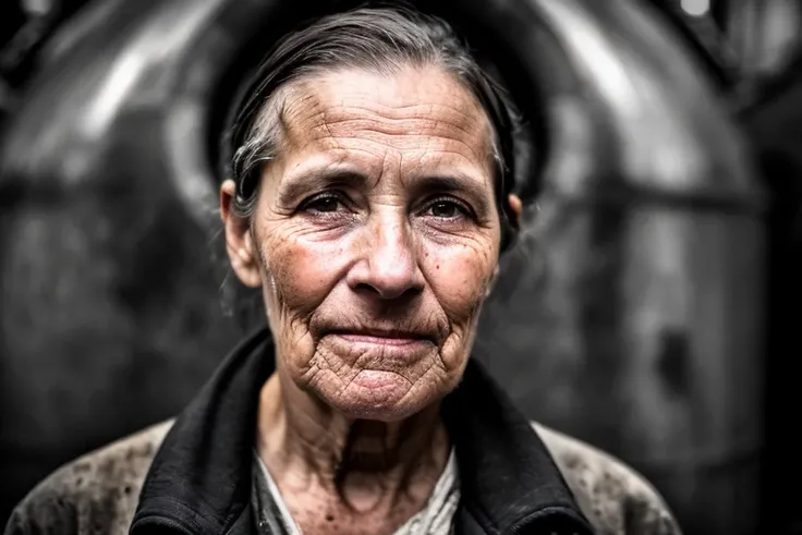 macro crisp quality, wet plate photograph close up of factory worker in Victorian era boiler room, rough skin, sad eyes, sparkles, age 54, coal dust in the air, unreal engine, cinematic, very detailed, sony A7iii, 85mm prime, f/1.8, octane render + hyper realistic, Photograph