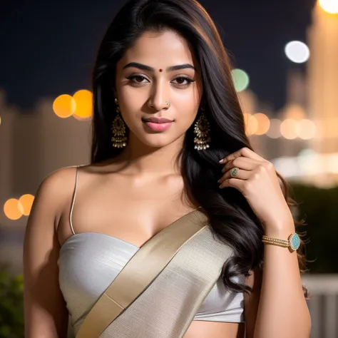 RAW photo, a close up portrait photo of 26 y.o woman in saree,hybrid of mia alves and Janhvi Kapoor, long hair, dusky skin, slimthick body, background is city lights, (high detailed skin:1.2), 8k uhd, dslr, soft lighting, high quality, film grain, Fujifilm XT3