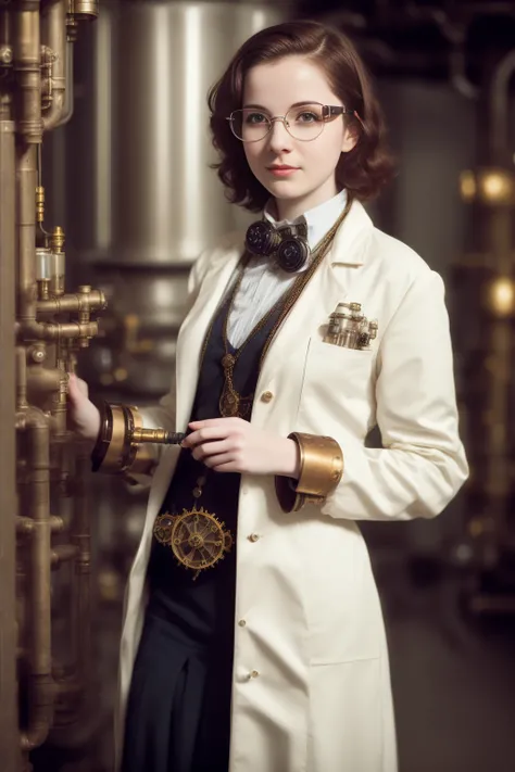 girl, (pale skin:0.4), steampunk, scientist, lab, (detailed skin:1.4), realistic, film grain, posing, wind,