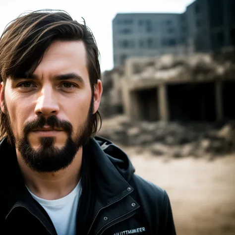 RAW photo, a close up portrait photo of brutal 45 y.o man in wastelander clothes, long haircut, pale skin, slim body, background is city ruins, (high detailed skin:1.2), 8k uhd, dslr, soft lighting, high quality, film grain, Fujifilm XT3