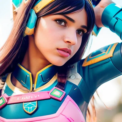 ((RAW, analog style)), face, extremely detailed full body color photo of a 22 year old Brazilian girl, beautiful face, beautiful eyes, ((small nose)), big natural lips, ((d.va cosplay)), small breasts, slim body, bleached blonde hair, ((film grain, skin details, high detailed skin texture, 8k hdr, dslr))