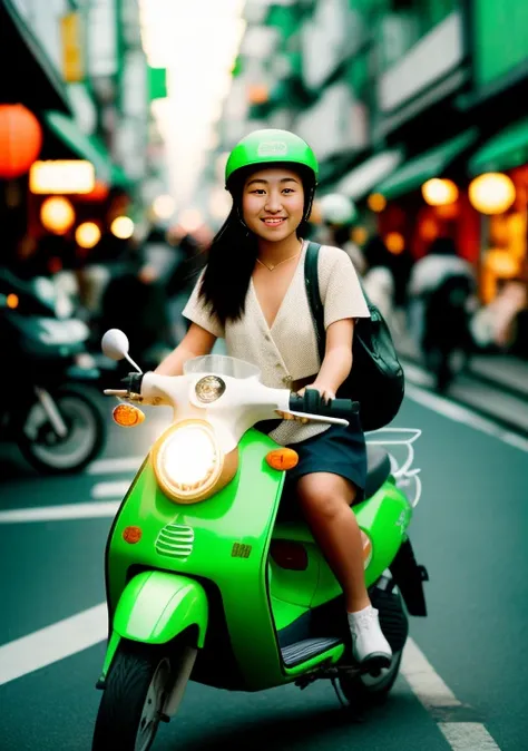 japenese girl riding moped, sunrise, japenese storefront crowds lively headlights lens flare bokeh muted film green white brown