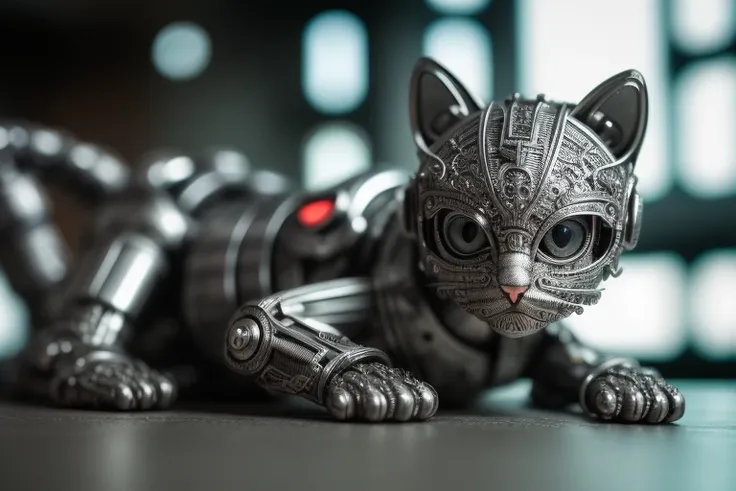 RAW photo, a cute kitten made out of metal, cyborg, cyberpunk style, ((intricate details)), hdr, ((intricate details, hyperdetailed)), cinematic shot, vignette, (high detailed skin:1.2), 8k uhd, dslr, high quality, film grain, Fujifilm XT3