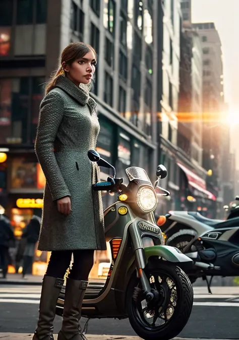 standing beside a moped, relaxed, sunrise, new york storefront crowds lively headlights lens flare f8 f12 muted film grey white green white brown, (sony a7 intricate detail pores:1.3)  Style-BladeRunner2049-8v samweaving-2000