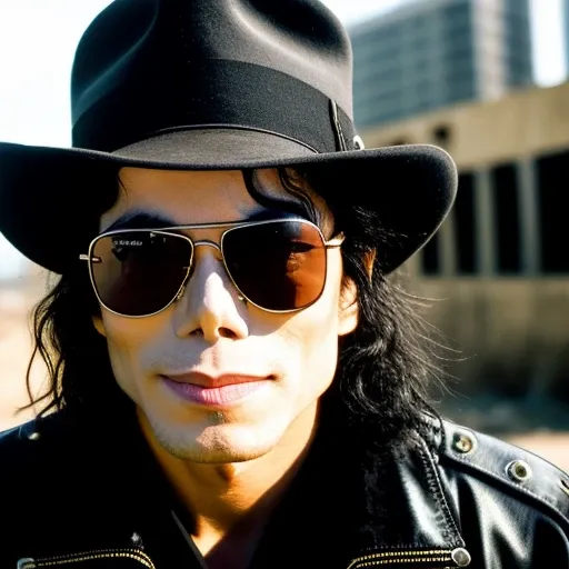 RAW photo, a close up portrait photo of brutal Michael Jackson in wastelander clothes, wearing ray ban sunglasses, long haircut, pale skin, slim body, background is city ruins, (high detailed skin:1.2), 8k uhd, dslr, soft lighting, high quality, film grain, Fujifilm XT3