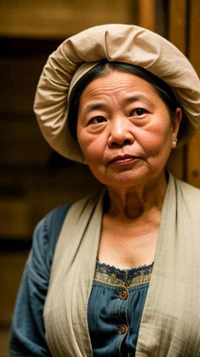 [Brad Pitt |Jack Black] as a 180 year old female worker from Taiwan, saggy clothes, [chubby|skinny], 80mm, 70mm, intricate details, shallow depth of field, volumetric fog, cinematic lighting, reflections, photographed on a Canon EOS R5, 50mm lens, F/2.8, HDR, 8k resolution,