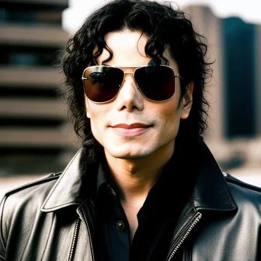 RAW photo, a close up portrait photo of brutal Michael Jackson in wastelander clothes, wearing ray ban sunglasses, long haircut, pale skin, slim body, background is city ruins, (high detailed skin:1.2), 8k uhd, dslr, soft lighting, high quality, film grain, Fujifilm XT3