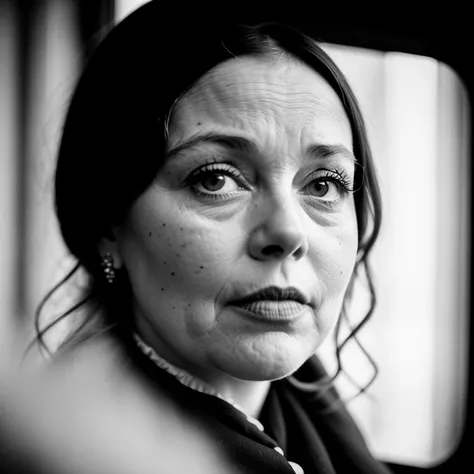 [Brad Pitt |Jack Black] as a 180 year old female worker from England, serious face, very detailed eyes, woman victorian era clothes, [chubby|skinny], a vintage living room with sunlight streaming in through the window, ((cosy)), as background, Victorian era style photo, 80mm, 70mm, intricate details, shallow depth of field, volumetric fog, diffuse lighting, film grain, photographed  in (B/W) by Kristina Schmid, Richard Jacobs and Philippe Mignot