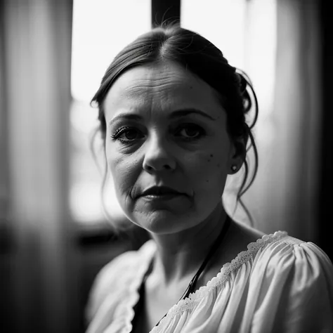 [Brad Pitt |Jack Black] as a 180 year old female worker from England, serious face, very detailed eyes, woman victorian era clothes, [chubby|skinny], a vintage living room with sunlight streaming in through the window, ((cosy)), as background, dramatic face rim light, Victorian era style photo, very old photo look, 80mm, 70mm, intricate details, shallow depth of field, volumetric fog, diffuse lighting, (film grain), photographed  in (((B/W))) by Kristina Schmid, Richard Jacobs and Philippe Mignot, ((small scratch details))