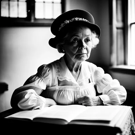 [Brad Pitt |Jack Black] as a 180 year old female worker from England, serious face, victorian era clothes, [chubby|skinny], a vintage living room with sunlight streaming in through the window, ((cosy)), as background, 80mm, 70mm, intricate details, shallow depth of field, volumetric fog, cinematic lighting, film grain, photographed  in (B/W) by Kristina Schmid, Richard Jacobs and Philippe Mignot
