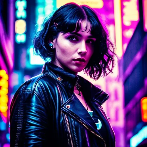 woman,  (wide shot), cyberpunk, blade runner, city,  hard neon light, sexy, ultra detailed, ultra realistic, (perfect face)