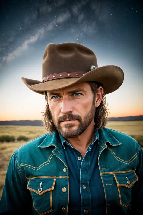 Photograph, color, portrait. cowboy, outdoor, night, rugged, weathered, stoic, cowboy hat, spurs on boots, a horse in the background, deep set wrinkles, piercing blue eyes, a determined expression, standing against a backdrop of a clear night sky filled with stars, the cowboy is looking off into the distance, best quality, ultra-detailed, classic western