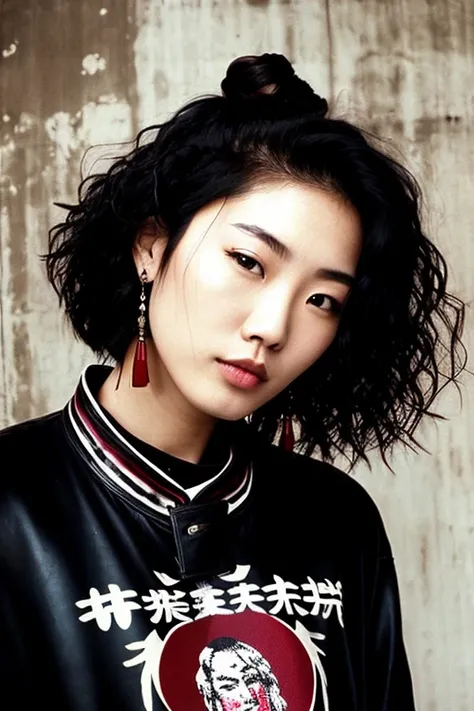 Beautiful Chinese woman, ((wide shot)), singer, (((grunge aesthetic))), ((1987)), curly hair, ((sexy)), ultra detailed, ultra realistic, (((perfect face))), grunge clothes