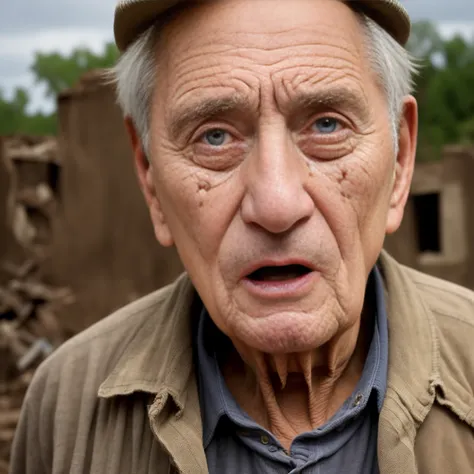 shocked scared upset elderly 72 yo man, dirty old clothes, town ruins, ((tears on face), perfect eyes, full body, highly detailed, 4k, hdr, detailed face, perfect skin texture, sharp focus on eyes, high resolution, award - winning photo, photo (4k, detailed)