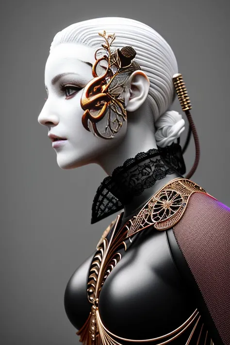 complex 3d render ultra detailed of a beautiful death angel, biomechanical cyborg, analog, 150 mm lens, beautiful natural soft rim light, big leaves and stems, roots, fine foliage lace, colorful details, samourai, Boris Bidjan Saberi outfit, pearl earring, piercing, art nouveau fashion embroidered, intricate details, mesh wire, mandelbrot fractal, anatomical, facial muscles, cable wires, microchip, badass, hyper realistic, ultra detailed, octane render, volumetric lighting, 8k post-production, red and white with a bit of black, detailled metalic bones, semi human, iridescent colors, Glenn Brown style, white room, power of the god, high-angle shot, complex body poses
