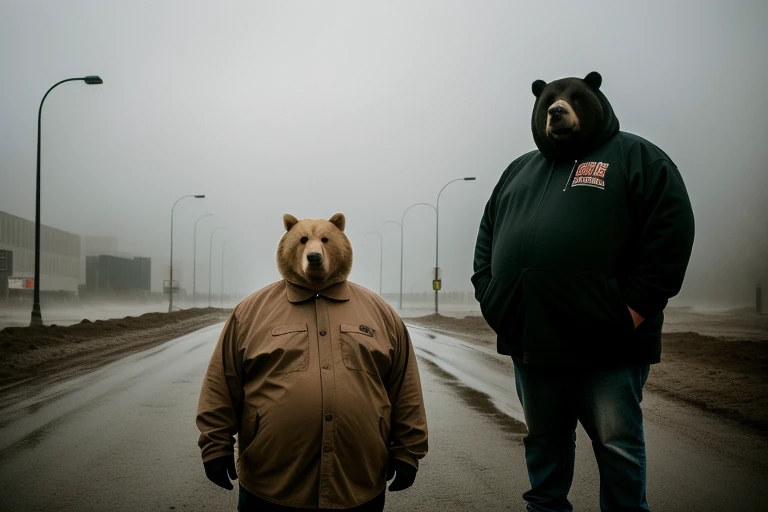 RAW photo, animal, a candid portrait photo of a obese [man:bear:pig:2] humanoid wearing wasteland clothes, background wasteland downtown, foggy morning, moody atmosphere, face, professional, 8k, uhd, dslr, soft lighting, high quality, film grain, Fujifilm XT3, strong vignette