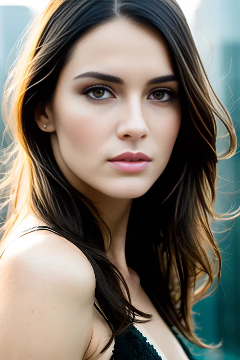 analog style, beautiful brunette woman, (high detailed skin:1.2), pale skin, modern architecture, Intricate, High Detail, Sharp focus, dramatic, proportional body, a highly detailed face by Greg Rutkowski and Magali Villeneuve, beautiful eyes, toned body, cinematic lighting, depth of field, photography