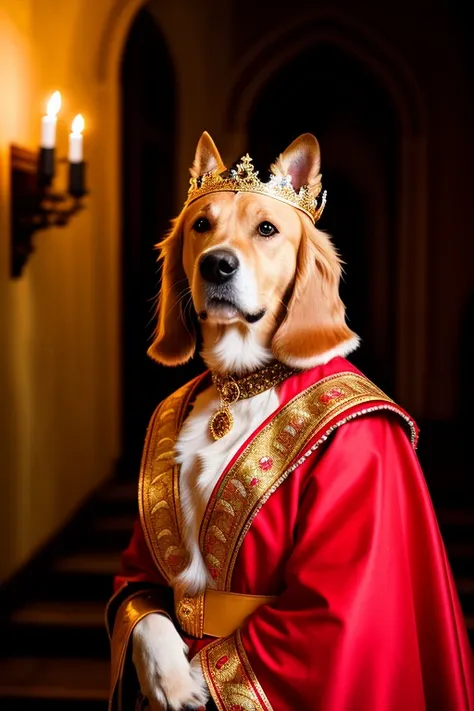 RAW photo, animal, a portrait photo of [king:queen:dog:1] humanoid in royal garb, background castle stairwell, diffuse candlelight, face, 8k uhd, dslr, soft lighting, high quality, film grain, Fujifilm XT3