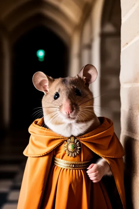 RAW photo, animal, a portrait photo of [man:mouse:2] humanoid in a king's clothing, background inside castle hallway, face, 8k uhd, dslr, soft lighting, high quality, film grain, Fujifilm XT3