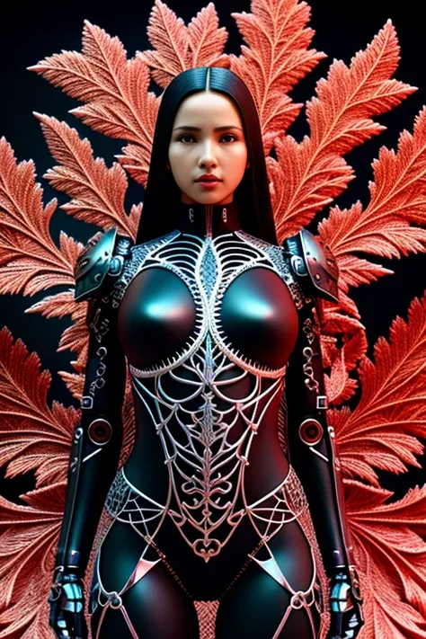 complex 3d render ultra detailed of a beautiful death angel, biomechanical cyborg, analog, 150 mm lens, beautiful natural soft rim light, big leaves and stems, roots, fine foliage lace, colorful details, samourai, Boris Bidjan Saberi outfit, pearl earring, piercing, art nouveau fashion embroidered, intricate details, mesh wire, mandelbrot fractal, anatomical, facial muscles, cable wires, microchip, badass, hyper realistic, ultra detailed, octane render, volumetric lighting, 8k post-production, red and white with a bit of black, detailled metalic bones, semi human, iridescent colors, Glenn Brown style, white room, power of the god, high-angle shot, complex body poses