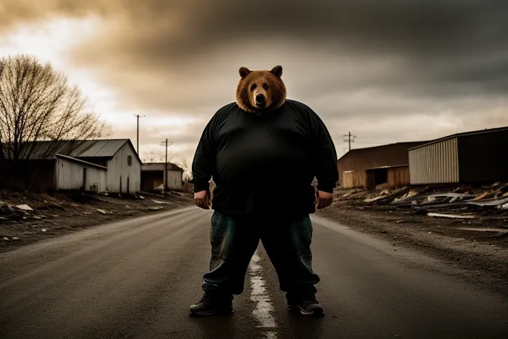 RAW photo, animal, a photo of an obese [man:bear:pig:1] humanoid wearing wasteland clothes, background apocalyptic suburb, highly detailed, moody atmosphere, face, professional, 8k, uhd, dslr, soft lighting, high quality, film grain, Fujifilm XT3