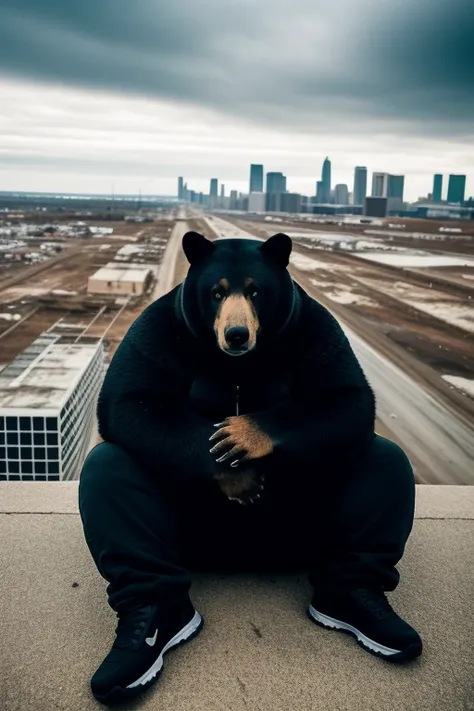 RAW photo, animal, a portrait photo of a very obese [man:bear:pig:1] humanoid wearing wasteland clothes, on top of a building, sitting on the edge, background apocalypse suburbs, 1/4 profile, dark light, moody atmosphere, face, professional, 8k, uhd, dslr, soft lighting, high quality, film grain, Fujifilm XT3