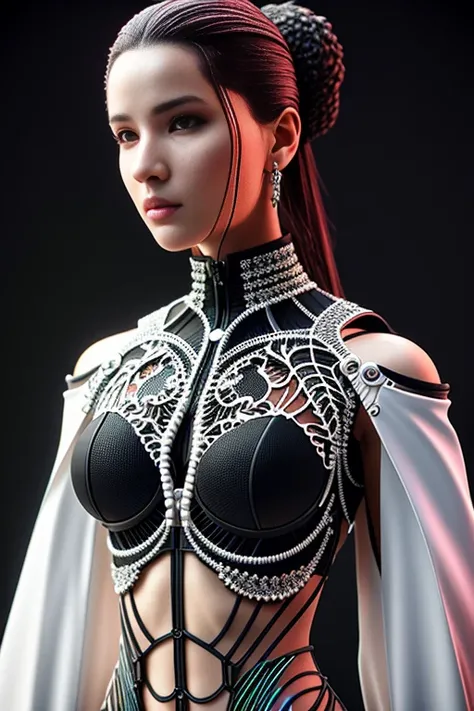 complex 3d render ultra detailed of a beautiful death angel, biomechanical cyborg, analog, 150 mm lens, beautiful natural soft rim light, big leaves and stems, roots, fine foliage lace, colorful details, samourai, Boris Bidjan Saberi outfit, pearl earring, piercing, art nouveau fashion embroidered, intricate details, mesh wire, mandelbrot fractal, anatomical, facial muscles, cable wires, microchip, badass, hyper realistic, ultra detailed, octane render, volumetric lighting, 8k post-production, red and white with a bit of black, detailled metalic bones, semi human, iridescent colors, Glenn Brown style, white room, power of the god, high-angle shot, complex body poses