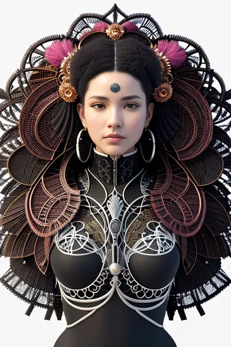 complex 3d render ultra detailed of a beautiful death angel, biomechanical cyborg, analog, 150 mm lens, beautiful natural soft rim light, big leaves and stems, roots, fine foliage lace, colorful details, samourai, Boris Bidjan Saberi outfit, pearl earring, piercing, art nouveau fashion embroidered, intricate details, mesh wire, mandelbrot fractal, anatomical, facial muscles, cable wires, microchip, badass, hyper realistic, ultra detailed, octane render,  volumetric lighting, 8k post-production, red and white with a bit of black, detailled metalic bones, semi human, iridescent colors, Glenn Brown style, white room, power of the god, high-angle shot, complex body poses