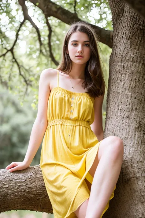 RAW Photo, Analog style, beautiful girl in yellow dress leaning on oak tree, high-quality, pale skin, slim body, (high detailed skin:1.2), 8k uhd, dslr, soft lighting, high quality, film grain, Fujifilm XT3