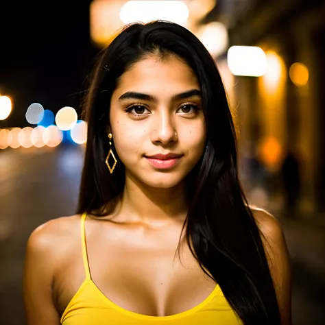 RAW photo, a portrait photo of 20 y.o brazilian woman in casual clothes, nigth, city street, (high detailed skin:1.2), 8k uhd, dslr, soft lighting, high quality, film grain, Fujifilm XT3