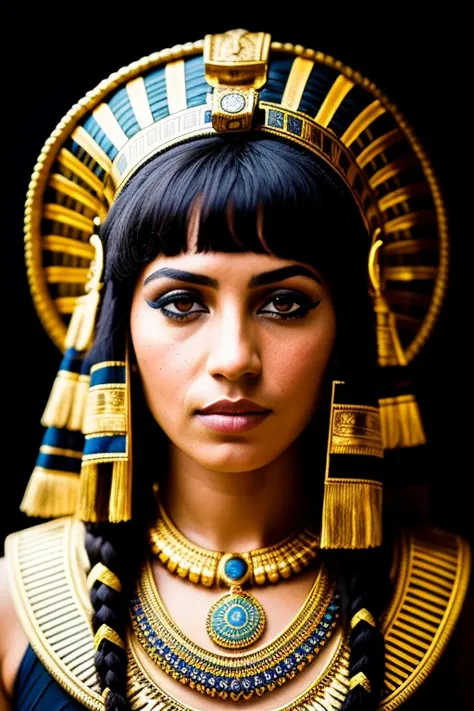 portrait photo of Cleopatra, highly detailed face, depth of field, moody light, atmospheric lighting, Egyptian headress, highly detailed, style by Dan Winters, Russell James, Steve McCurry, centered, extremely detailed, Nikon D850, award winning photography
