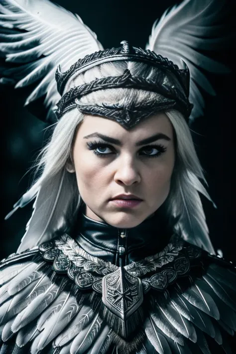 dark moody RAW photo of an angry Norwegian (Valkyrie, highly detailed face:1.3), (silver headband, intricate, highly detailed:1.2), (cape of white feathers, highly detailed:1.3), (background hell, brimstone:1.4), 8k uhd, dslr, soft lighting, high quality, film grain, Fujifilm XT3 in the style of Tomasz Alen Kopera, (profile shot:1.3)