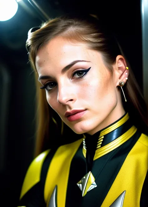 analogue style, (bajoran:1.4) girl aboard a space station, wide angle, brown eyes, (small eyes:1.2), teenage, skinny, brown haircolor, (medium hair, messy:1.2), medium breasts, pale skin, light freckles, (oiled skin:1.4), (NASA EVA suit), (skinny)+, (action shot:1.4), thin eyebrows, (sfw:1.5), HD, seductive pose, (8k, best quality)+, (wide jawline:1.3), (pointy chin:1.2), (thin lips:1.3), (hook nose:1.4), (eyeliner)++, (uhd, Fujifilm XT3, soft lighting, film grain)++, (serious:1.4), (high detailed skin:1.2), profiles