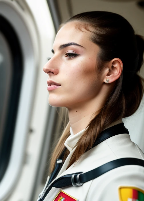 analogue style, (italian:1.4) girl aboard a space station, wide angle, brown eyes, (small eyes:1.2), teenage, skinny, brown haircolor, (medium hair, messy:1.2), medium breasts, pale skin, light freckles, (oiled skin:1.4), (NASA EVA suit), (skinny)+, (action shot:1.4), thin eyebrows, (sfw:1.5), HD, seductive pose, (8k, best quality)+, (wide jawline:1.3), (pointy chin:1.2), (thin lips:1.3), (hook nose:1.4), (eyeliner)++, (uhd, Fujifilm XT3, soft lighting, film grain)++, (serious:1.4), (high detailed skin:1.2), profiles