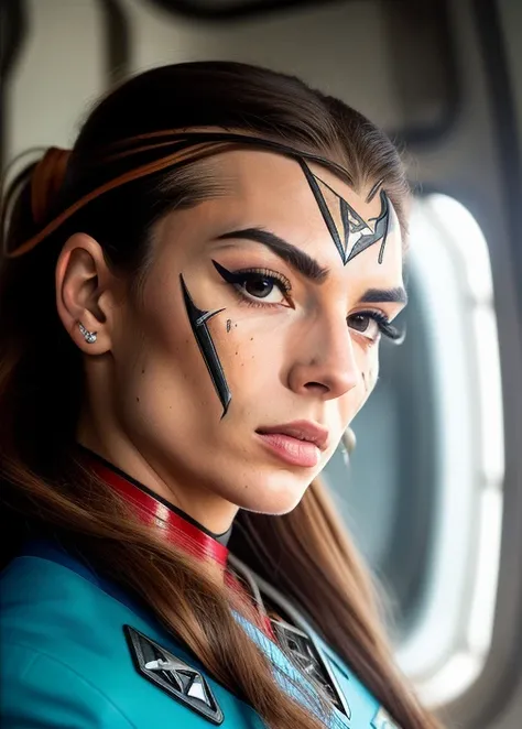 analogue style, (klingon:1.4) girl aboard a space station, wide angle, brown eyes, (small eyes:1.2), teenage, skinny, brown haircolor, (medium hair, messy:1.2), medium breasts, pale skin, light freckles, (oiled skin:1.4), (NASA EVA suit), (skinny)+, (action shot:1.4), thin eyebrows, (sfw:1.5), HD, seductive pose, (8k, best quality)+, (wide jawline:1.3), (pointy chin:1.2), (thin lips:1.3), (hook nose:1.4), (eyeliner)++, (uhd, Fujifilm XT3, soft lighting, film grain)++, (serious:1.4), (high detailed skin:1.2), profiles