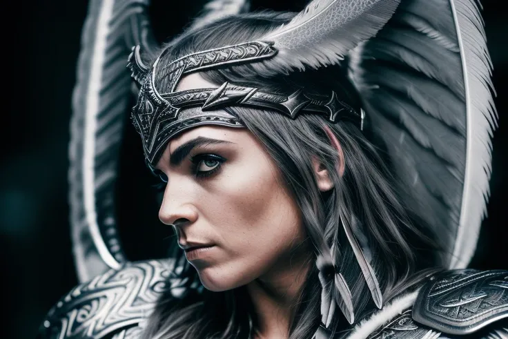 dark moody RAW photo of a Norse (Valkyrie, highly detailed face:1.3), (silver headband, intricate, highly detailed:1.2), (cape of white feathers, highly detailed:1.3), (background hell, brimstone:1.4), 8k uhd, dslr, soft lighting, high quality, film grain, Fujifilm XT3 in the style of Tomasz Alen Kopera, 1/4 profile