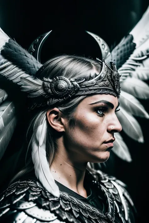 dark moody RAW photo of an angry Norwegian (Valkyrie, highly detailed face:1.3), (silver headband, intricate, highly detailed:1.2), (cape of white feathers, highly detailed:1.3), (background hell, brimstone:1.4), 8k uhd, dslr, soft lighting, high quality, film grain, Fujifilm XT3 in the style of Tomasz Alen Kopera, 1/4 profile