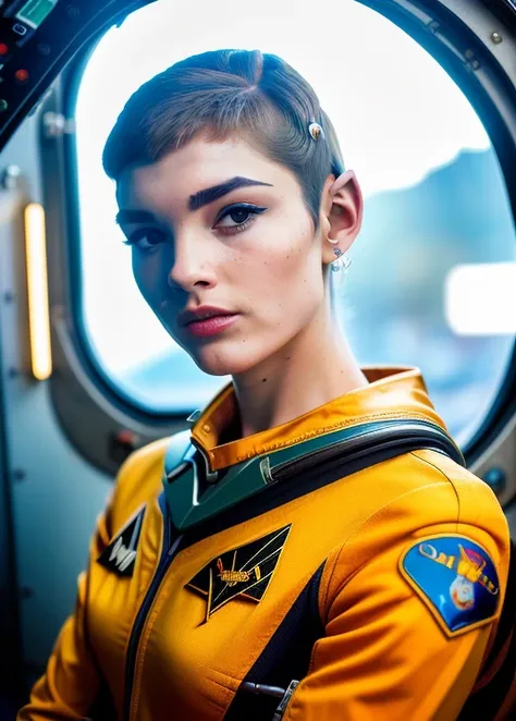 analogue style, (vulcan:1.4) girl aboard a space station, wide angle, brown eyes, (small eyes:1.2), teenage, skinny, brown haircolor, (medium hair, messy:1.2), medium breasts, pale skin, light freckles, (oiled skin:1.4), (NASA EVA suit), (skinny)+, (action shot:1.4), thin eyebrows, (sfw:1.5), HD, seductive pose, (8k, best quality)+, (wide jawline:1.3), (pointy chin:1.2), (thin lips:1.3), (hook nose:1.4), (eyeliner)++, (uhd, Fujifilm XT3, soft lighting, film grain)++, (serious:1.4), (high detailed skin:1.2), profiles