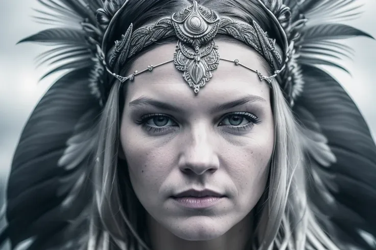 moody RAW centered photo of a [Valkyrie:Sylvia Hoeks:15] (highly detailed face:1.3), (silver headband, intricate, highly detailed:1.2), (cape of white feathers, highly detailed:1.2), (background Valhalla, brimstone:1.4), 8k uhd, dslr, soft lighting, high quality, film grain, Fujifilm XT3 in the style of Tomasz Alen Kopera