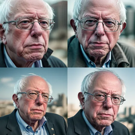RAW photo, a close up portrait photo of bernie sanders, background is city ruins, (high detailed skin:1.2), 8k uhd, dslr, soft lighting, high quality, film grain, Fujifilm XT3
